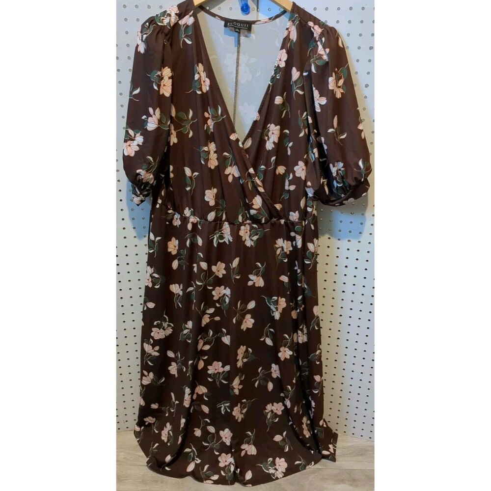 Eloquii Dress Size 22 Long Brown Floral Short Sleeve